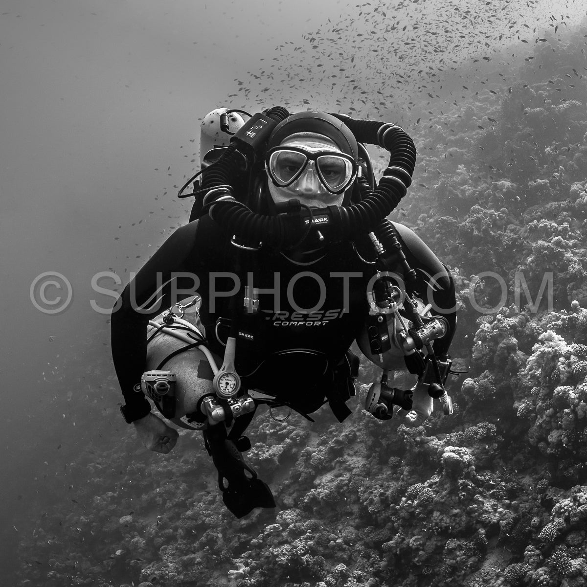 A diver wearing a rebreather and carrying a trimix tank hovers over a coral reef. The diver is wearing a black wetsuit and black fins. Many fish swim behind the diver.