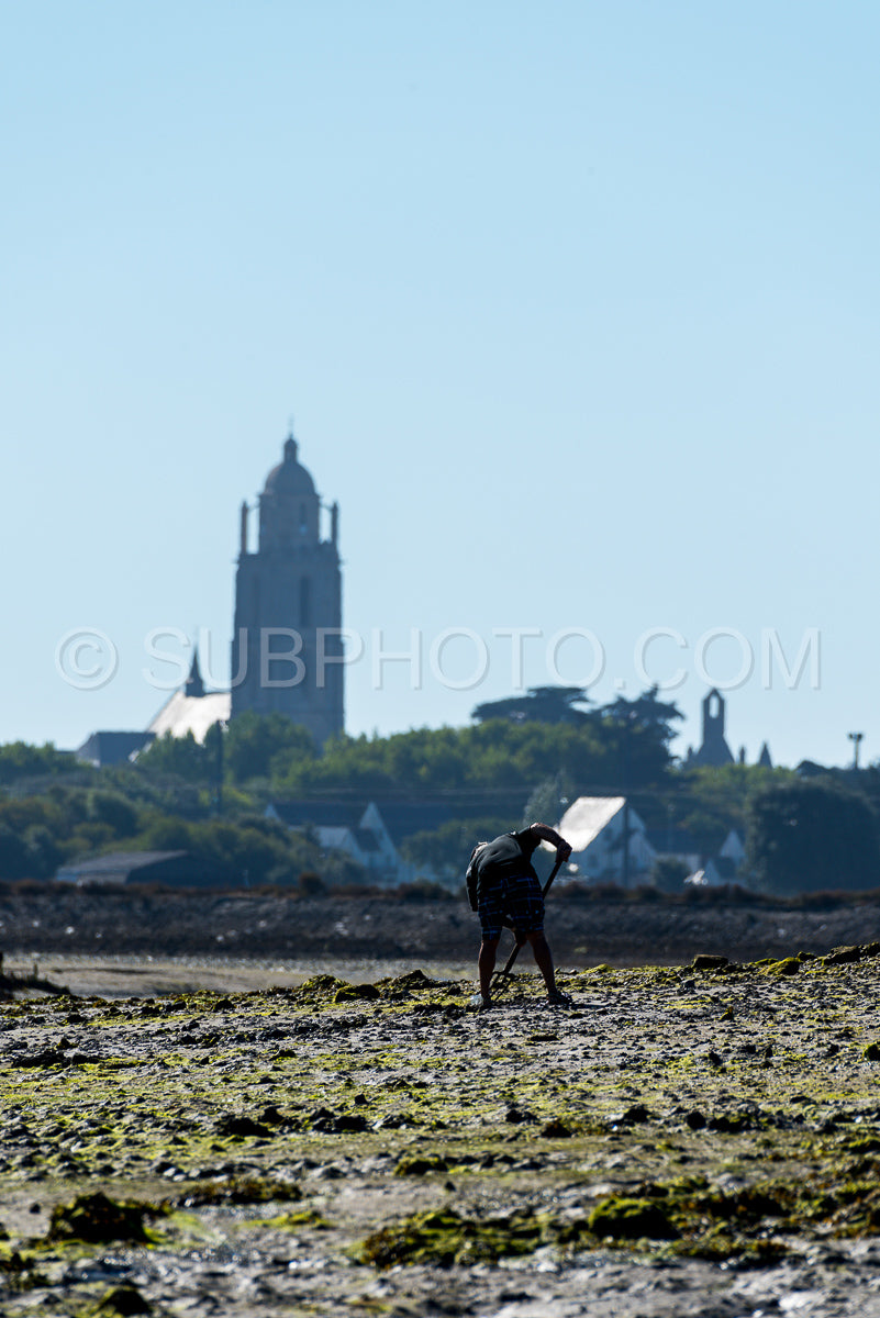 Man harvesting shells at low tide in front of Batz church in the morning