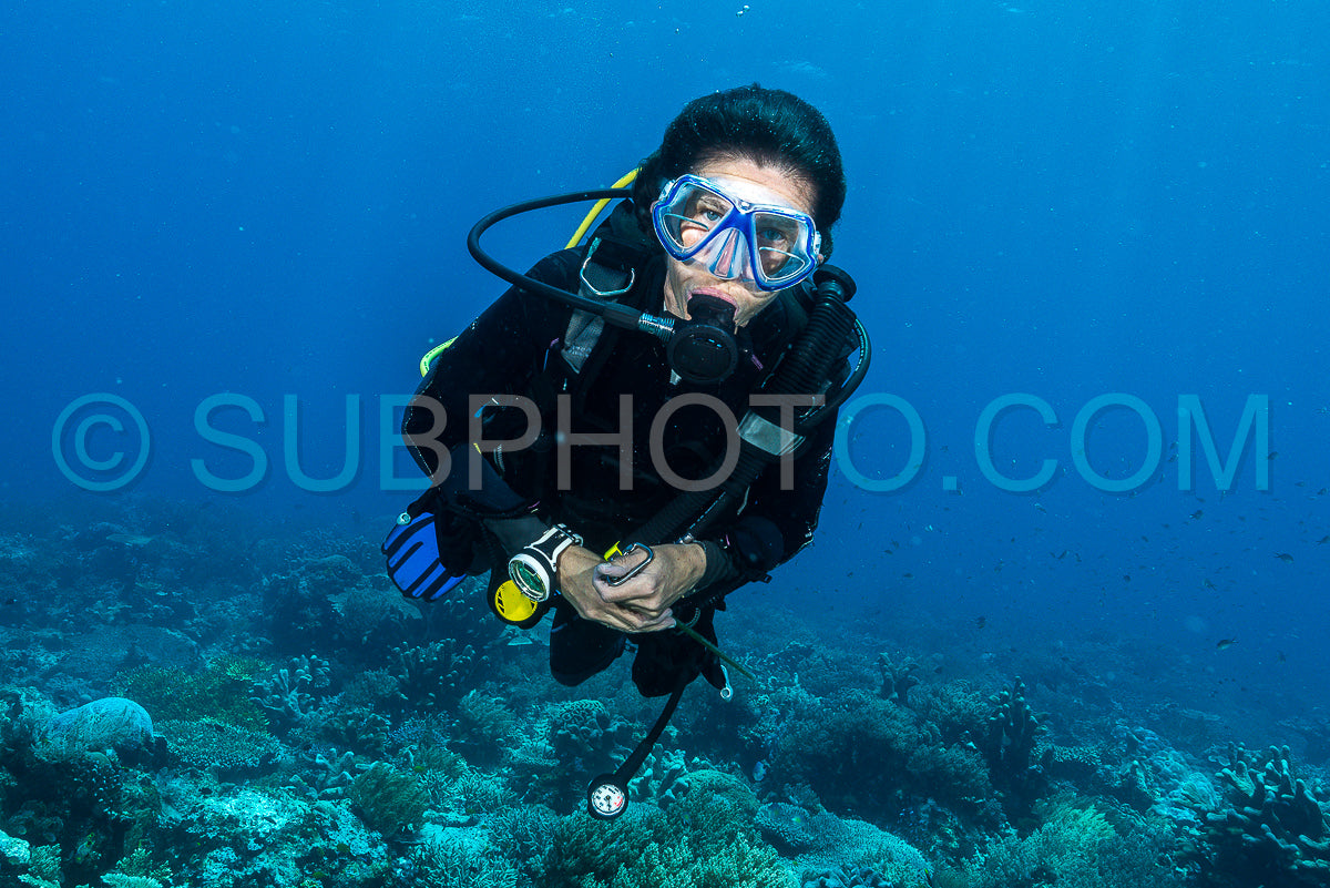 Photo de femme plongeant sous l'eau sur un récif tropical coloré avec des gorgones, des coraux et des éponges à Rajat Ampat, en Indonésie.