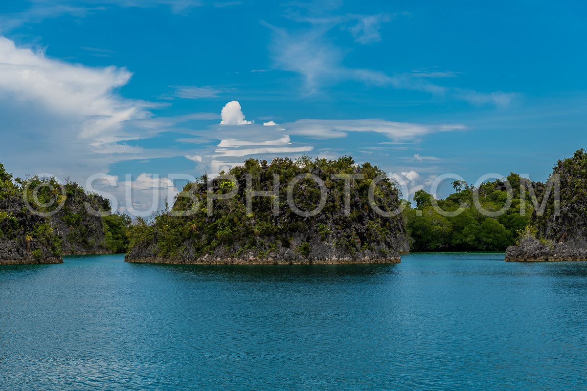 Waigeo- Kri- Mushroom Island- group of small islands in shallow blue lagoon water- Raja Ampat- West Papua- Indonesia