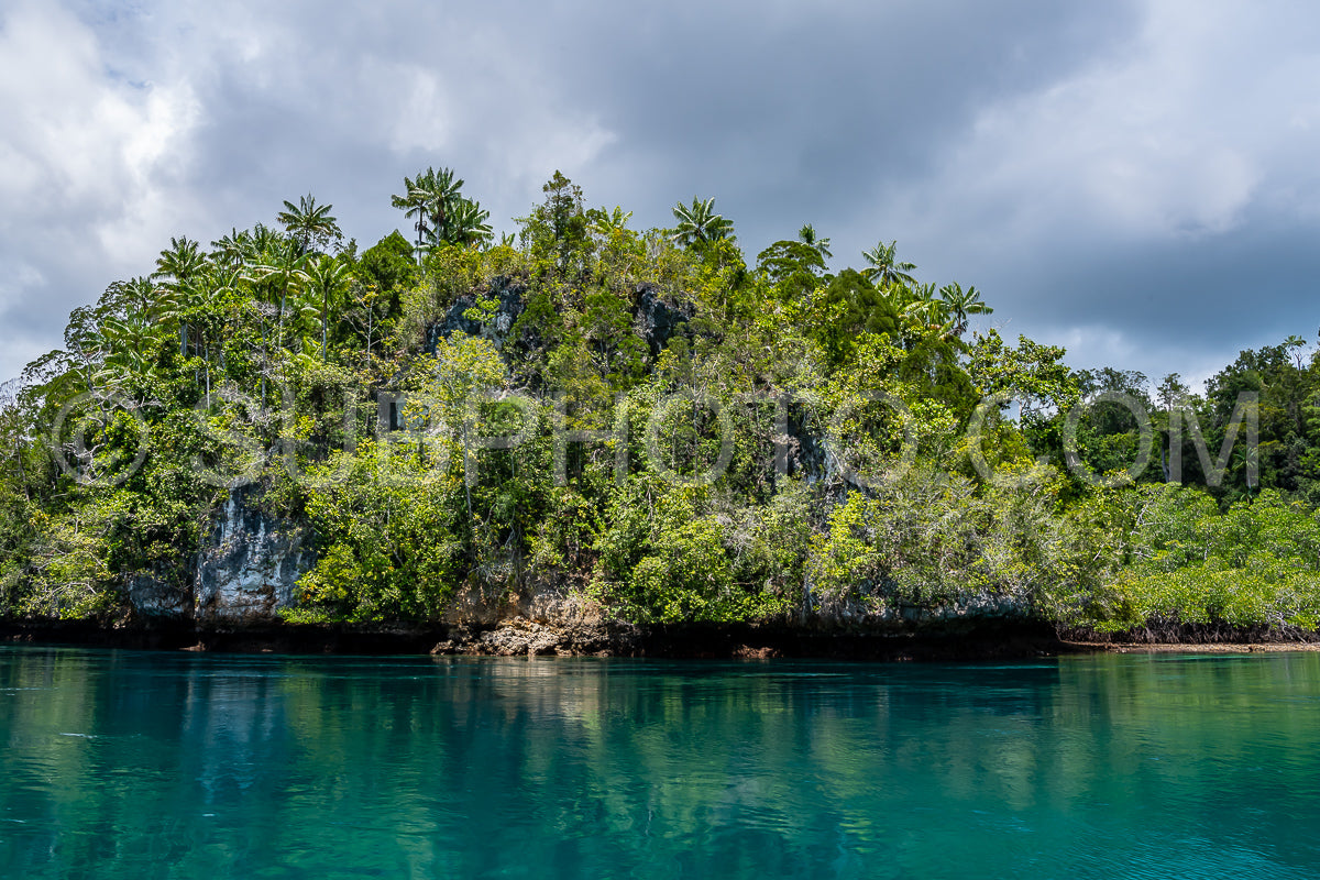 Waigeo- Kri- Mushroom Island- group of small islands in shallow blue lagoon water- Raja Ampat- West Papua- Indonesia