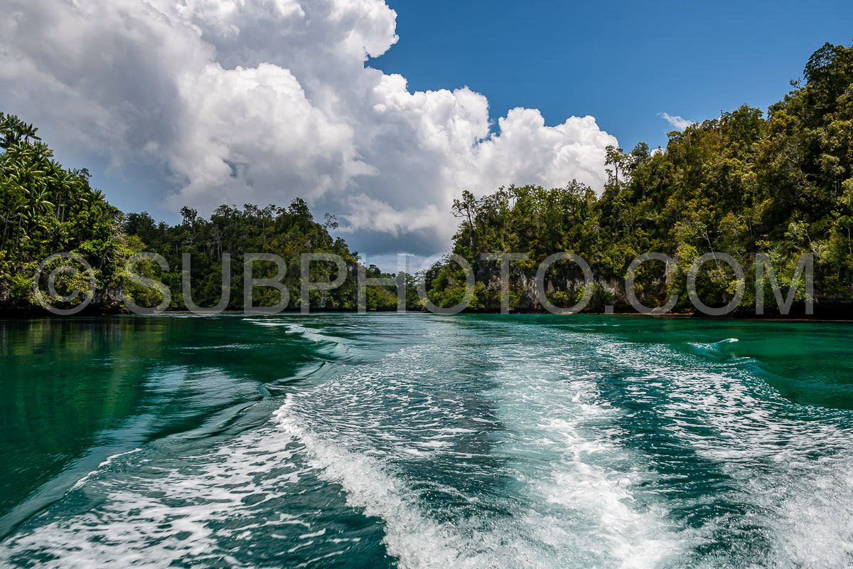 Waigeo- Kri- Mushroom Island- group of small islands in shallow blue lagoon water- Raja Ampat- West Papua- Indonesia