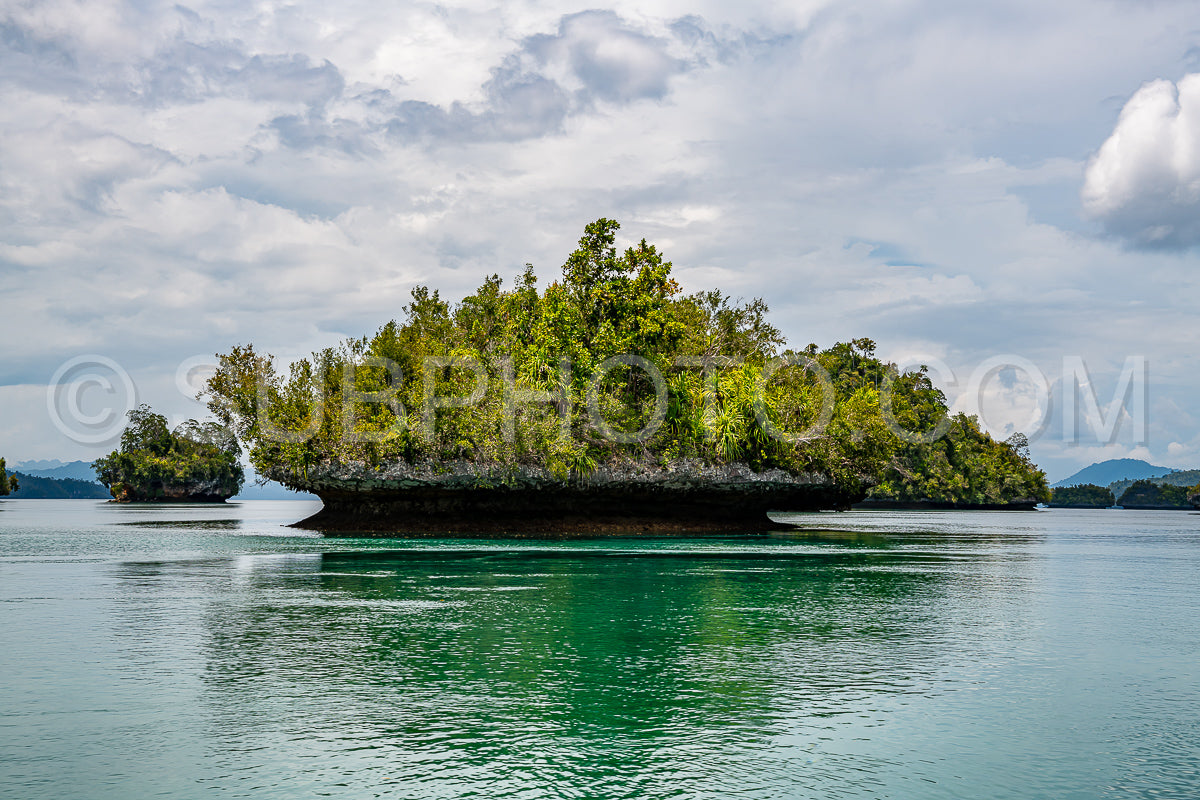 Waigeo- Kri- Mushroom Island- group of small islands in shallow blue lagoon water- Raja Ampat- West Papua- Indonesia