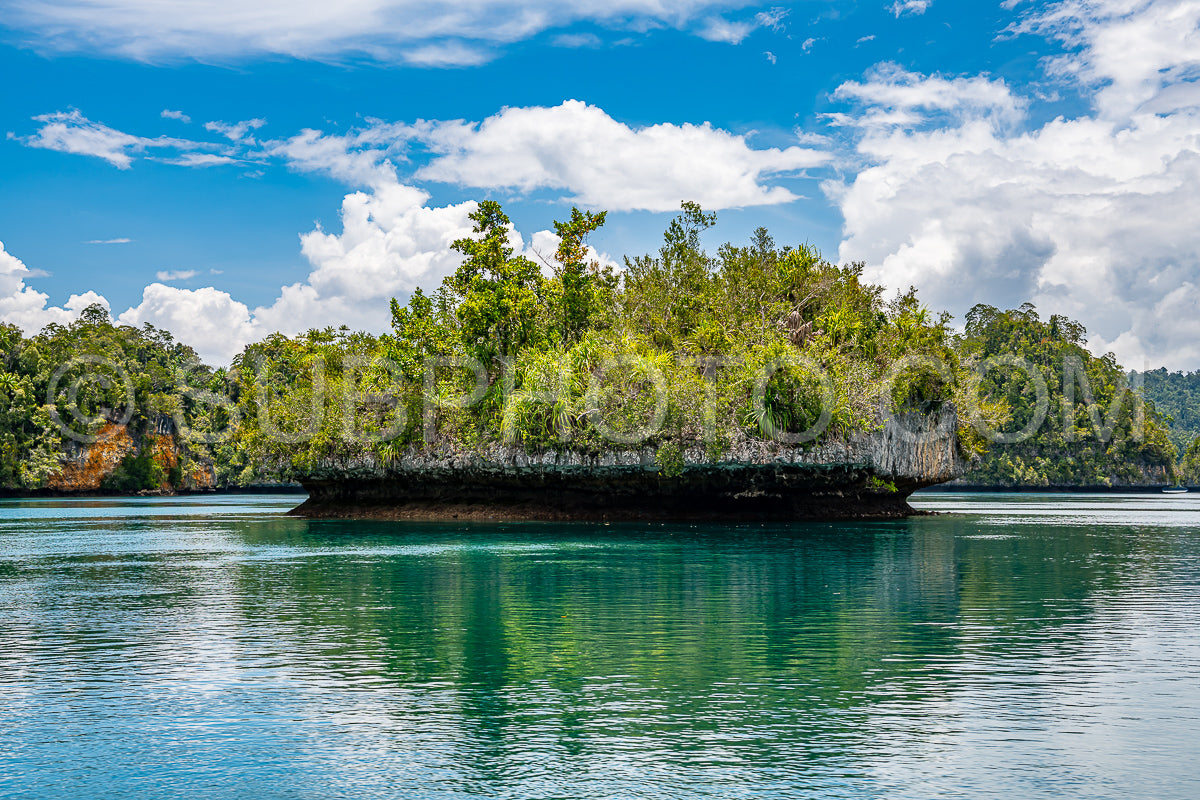 Waigeo- Kri- Mushroom Island- group of small islands in shallow blue lagoon water- Raja Ampat- West Papua- Indonesia