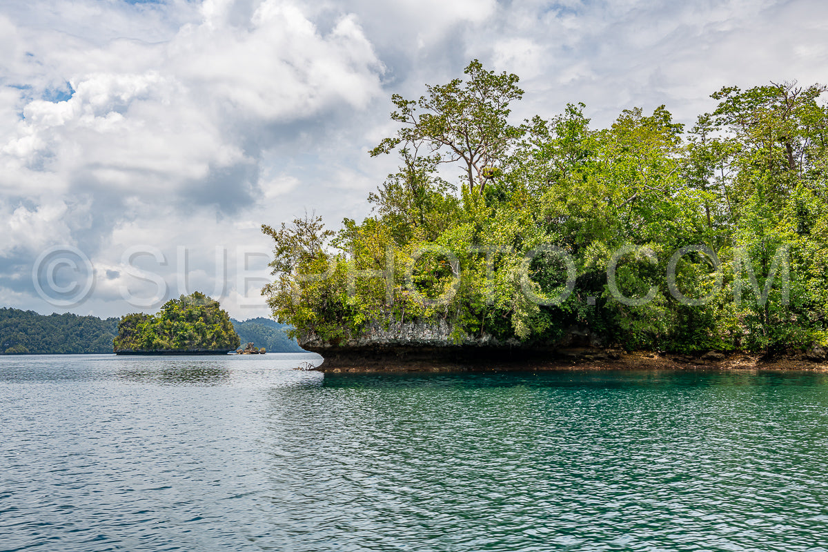 Waigeo- Kri- Mushroom Island- group of small islands in shallow blue lagoon water- Raja Ampat- West Papua- Indonesia