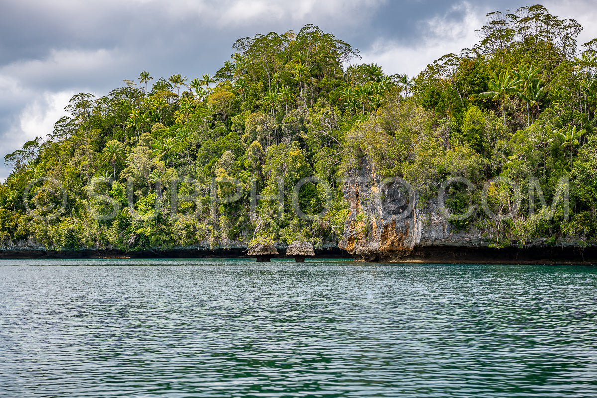 Waigeo- Kri- Mushroom Island- group of small islands in shallow blue lagoon water- Raja Ampat- West Papua- Indonesia