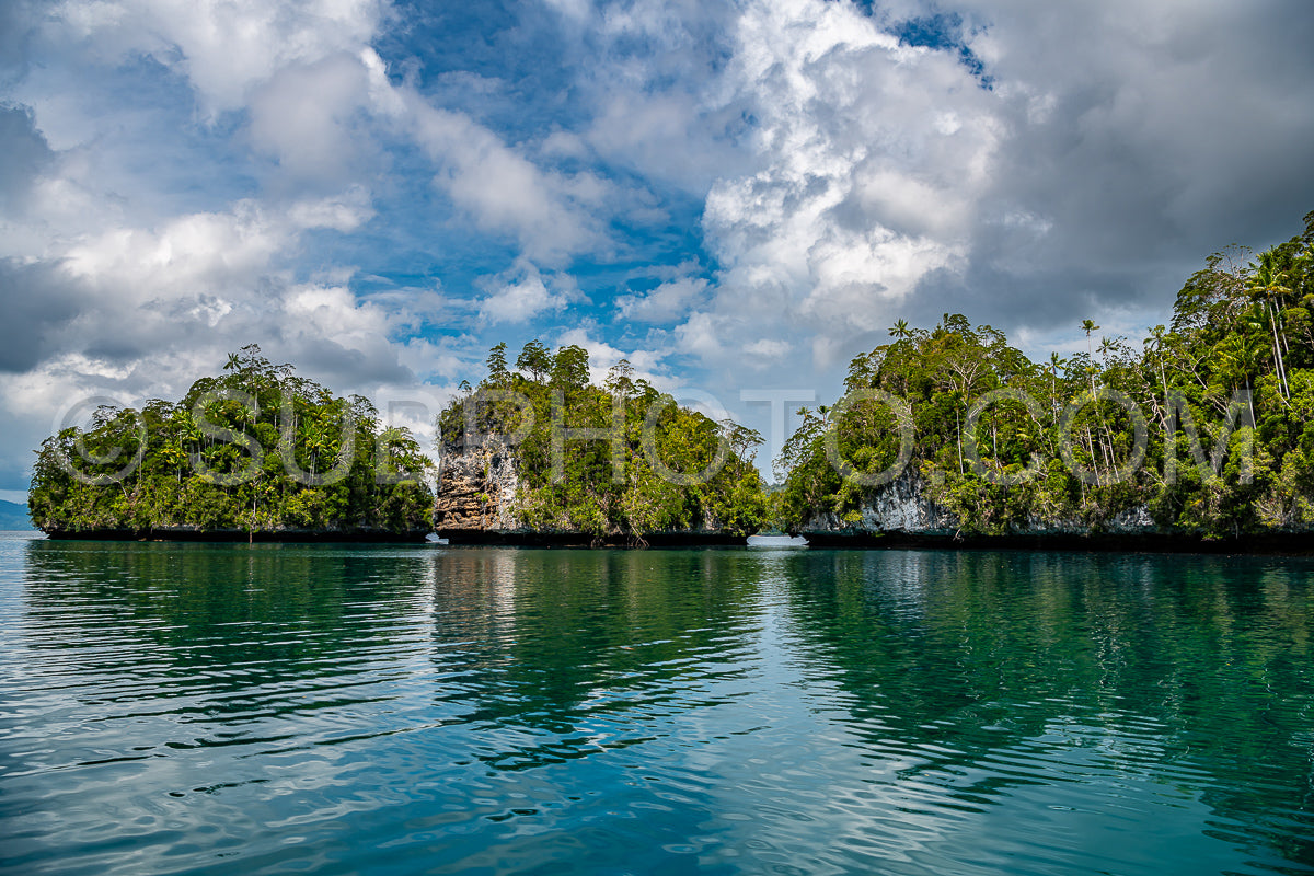 Waigeo- Kri- Mushroom Island- group of small islands in shallow blue lagoon water- Raja Ampat- West Papua- Indonesia