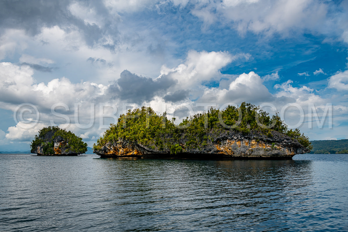 Waigeo- Kri- Mushroom Island- group of small islands in shallow blue lagoon water- Raja Ampat- West Papua- Indonesia