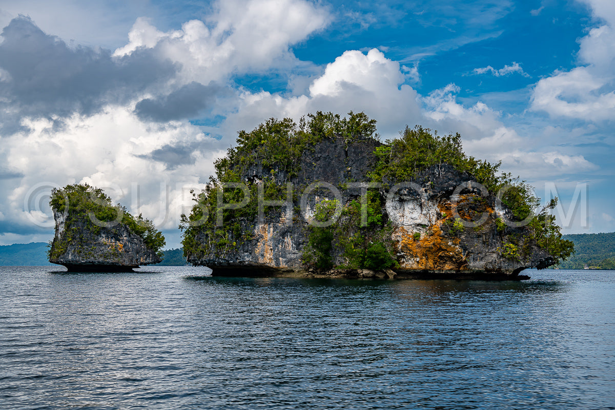 Waigeo- Kri- Mushroom Island- group of small islands in shallow blue lagoon water- Raja Ampat- West Papua- Indonesia