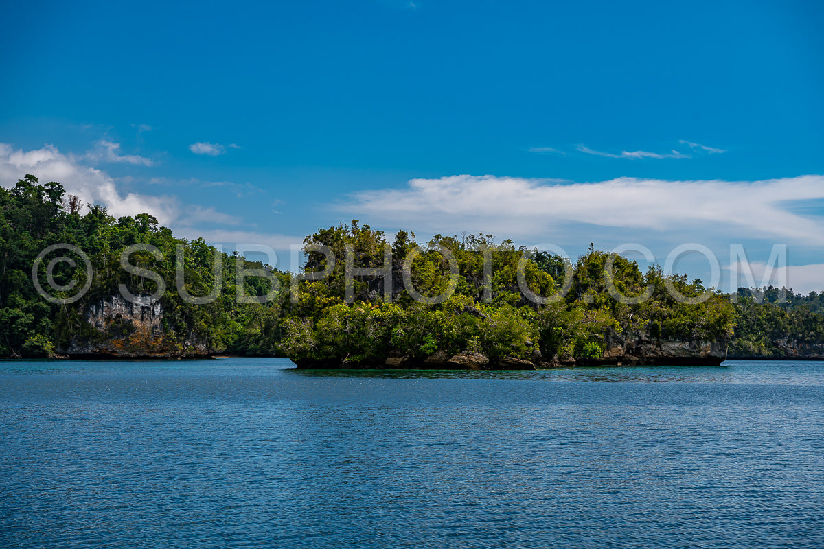 Waigeo- Kri- Mushroom Island- group of small islands in shallow blue lagoon water- Raja Ampat- West Papua- Indonesia