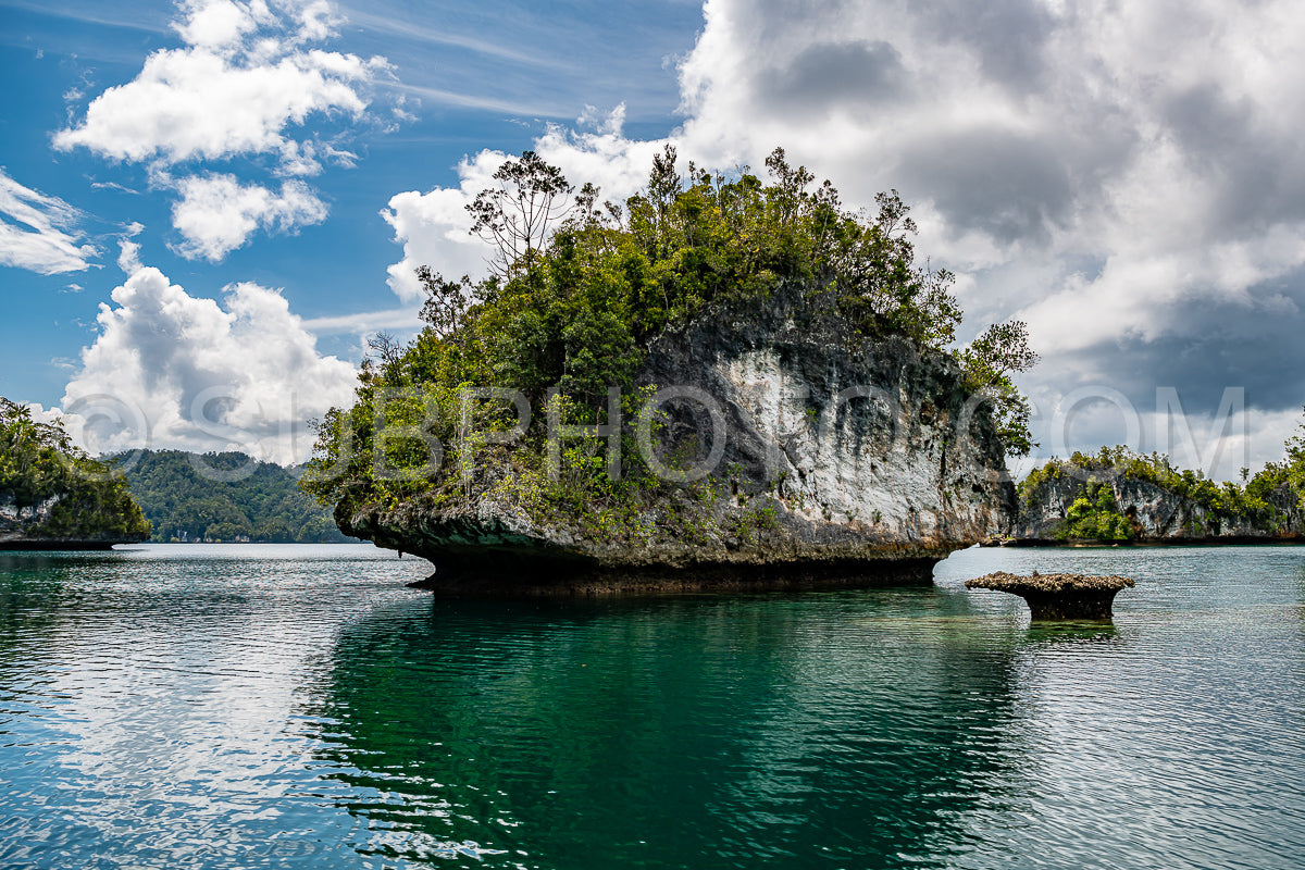 Waigeo- Kri- Mushroom Island- group of small islands in shallow blue lagoon water- Raja Ampat- West Papua- Indonesia