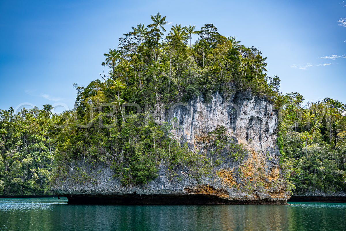 Waigeo- Kri- Mushroom Island- group of small islands in shallow blue lagoon water- Raja Ampat- West Papua- Indonesia