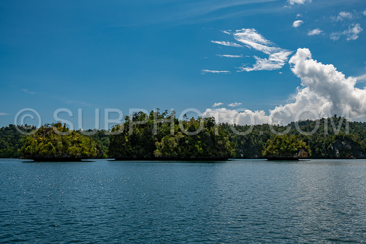 Waigeo- Kri- Mushroom Island- group of small islands in shallow blue lagoon water- Raja Ampat- West Papua- Indonesia