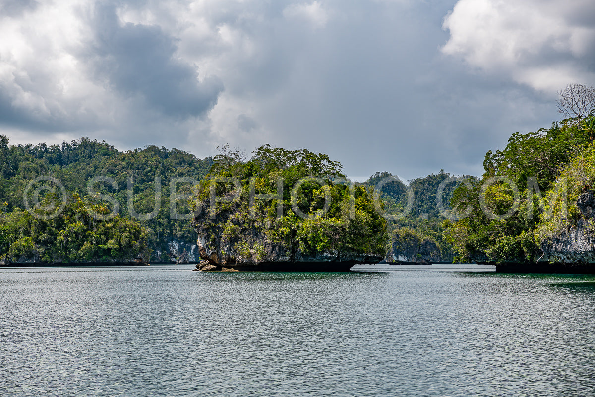 Waigeo- Kri- Mushroom Island- group of small islands in shallow blue lagoon water- Raja Ampat- West Papua- Indonesia