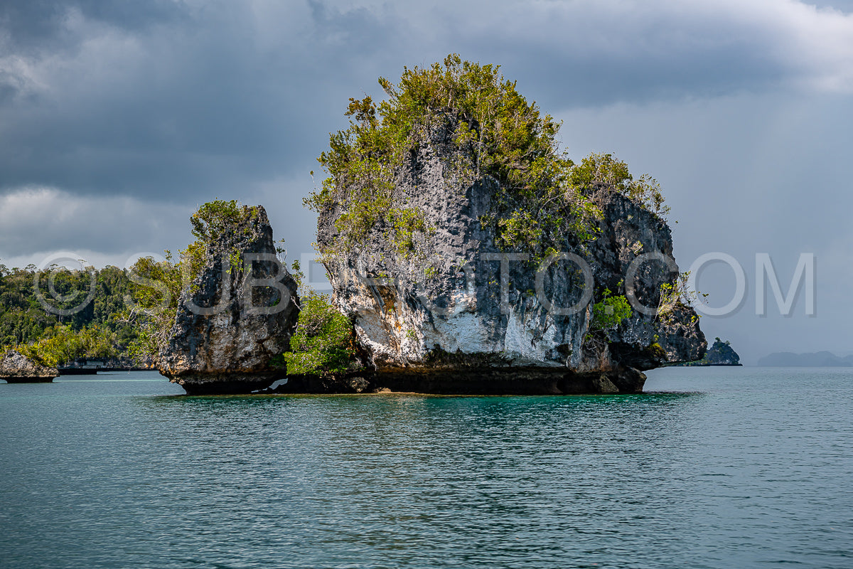 Waigeo- Kri- Mushroom Island- group of small islands in shallow blue lagoon water- Raja Ampat- West Papua- Indonesia
