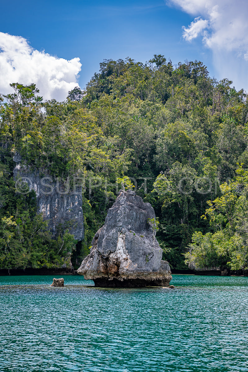 Waigeo- Kri- Mushroom Island- group of small islands in shallow blue lagoon water- Raja Ampat- West Papua- Indonesia