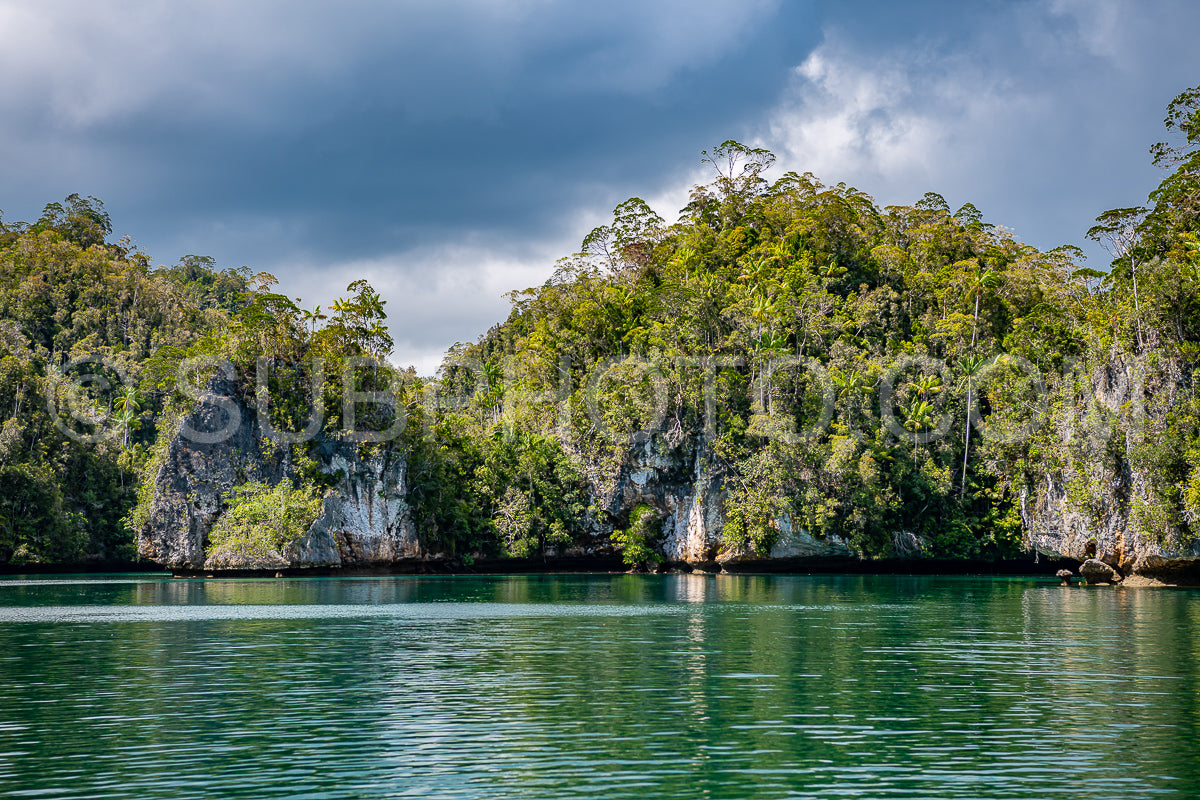 Waigeo- Kri- Mushroom Island- group of small islands in shallow blue lagoon water- Raja Ampat- West Papua- Indonesia