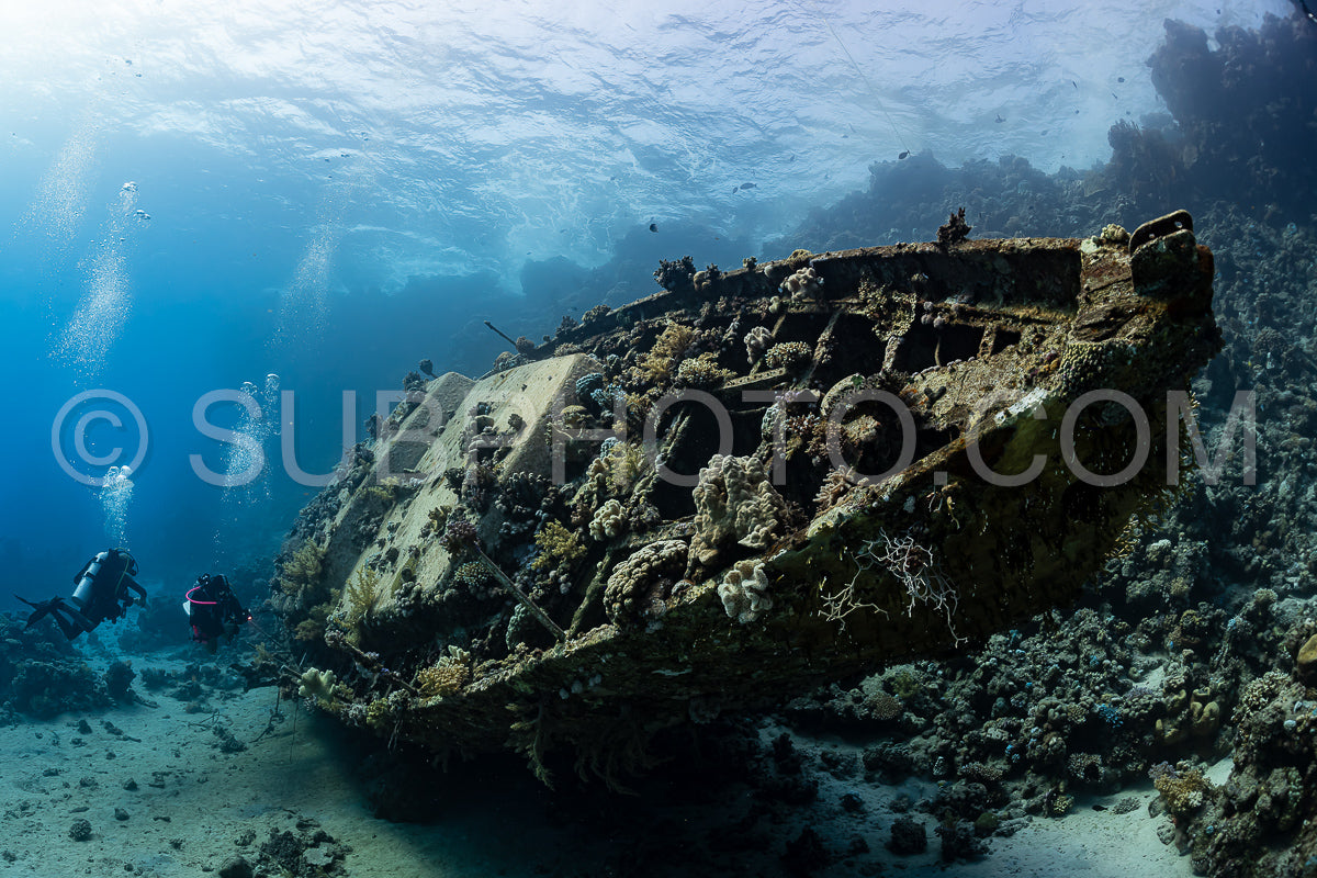 divers visiting an underwater wreck of a metal sailboat on a reef in the Rea Sea- Egypt