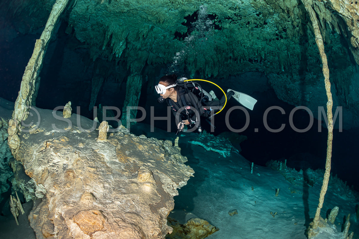 Photo de instructeur de plongée spéléo dirigeant un groupe de plongeurs dans un cenote mexicain sous l'eau