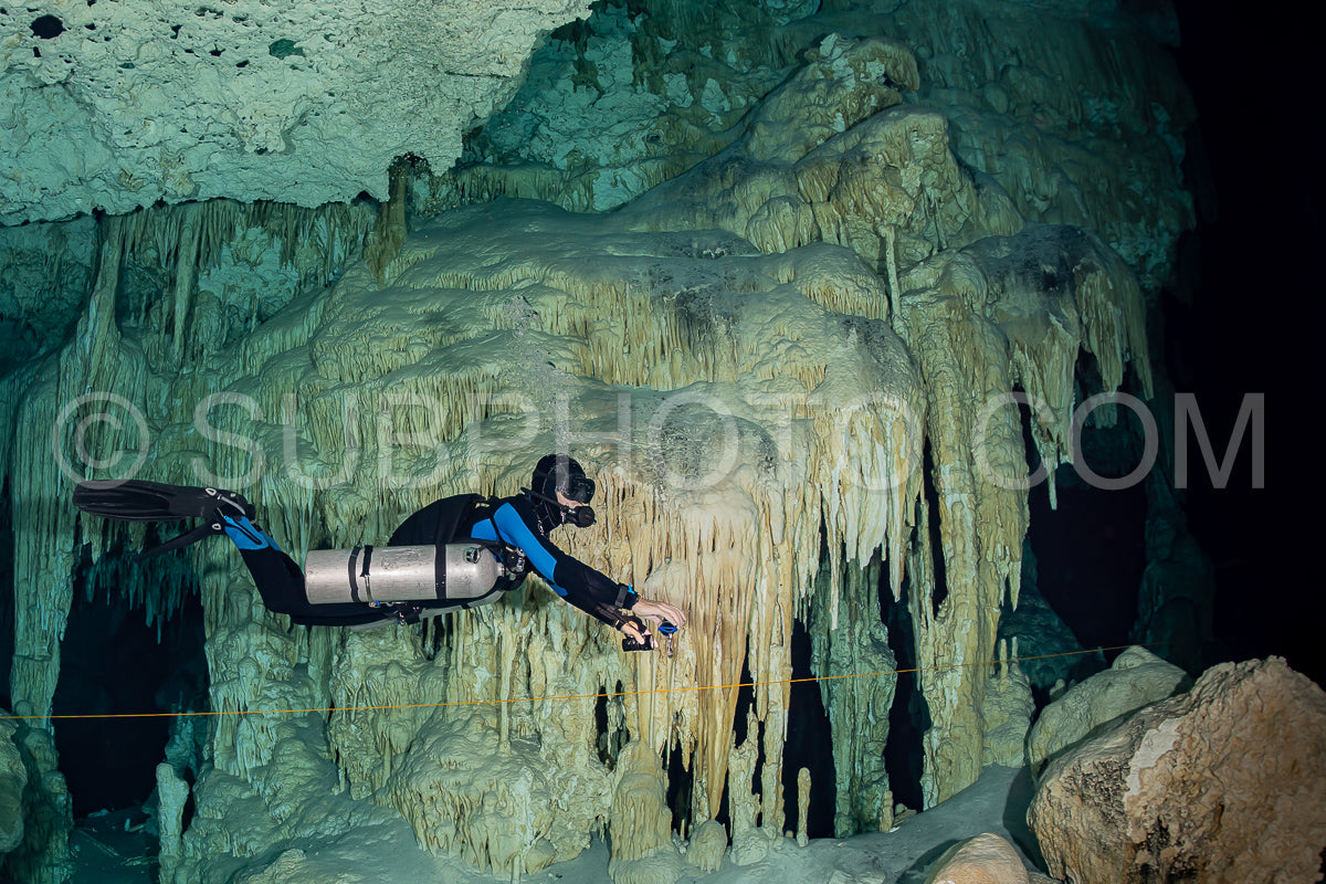 Photo de instructeur de plongée spéléo dirigeant un groupe de plongeurs dans un cenote mexicain sous l'eau