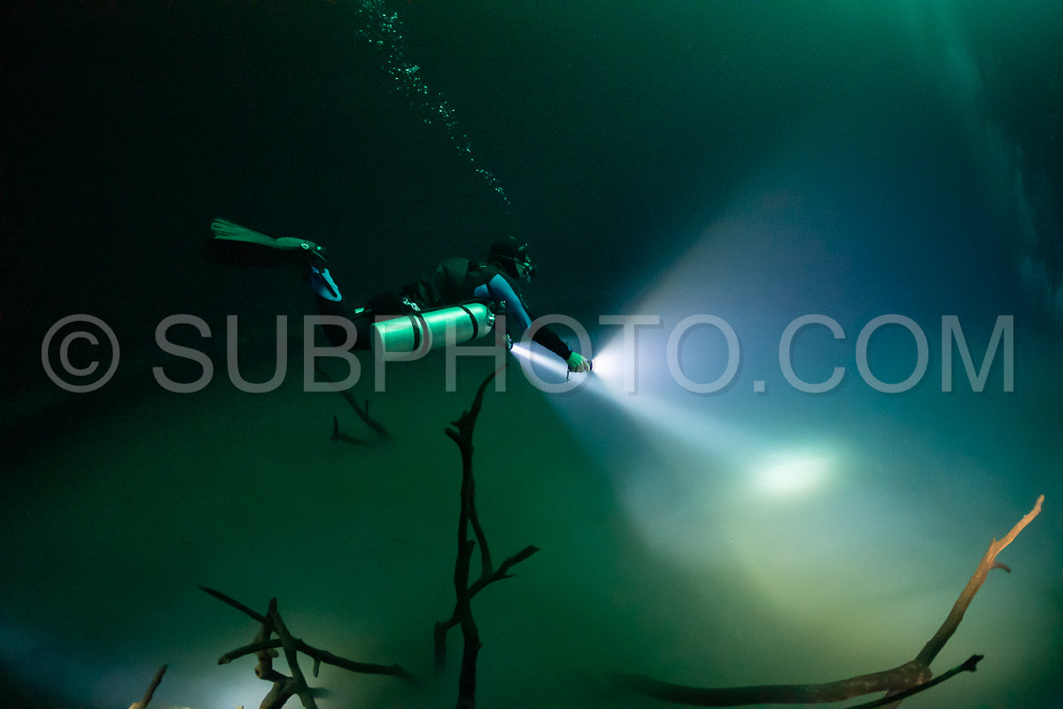 Photo de instructeur de plongée spéléo dirigeant un groupe de plongeurs dans un cenote mexicain sous l'eau