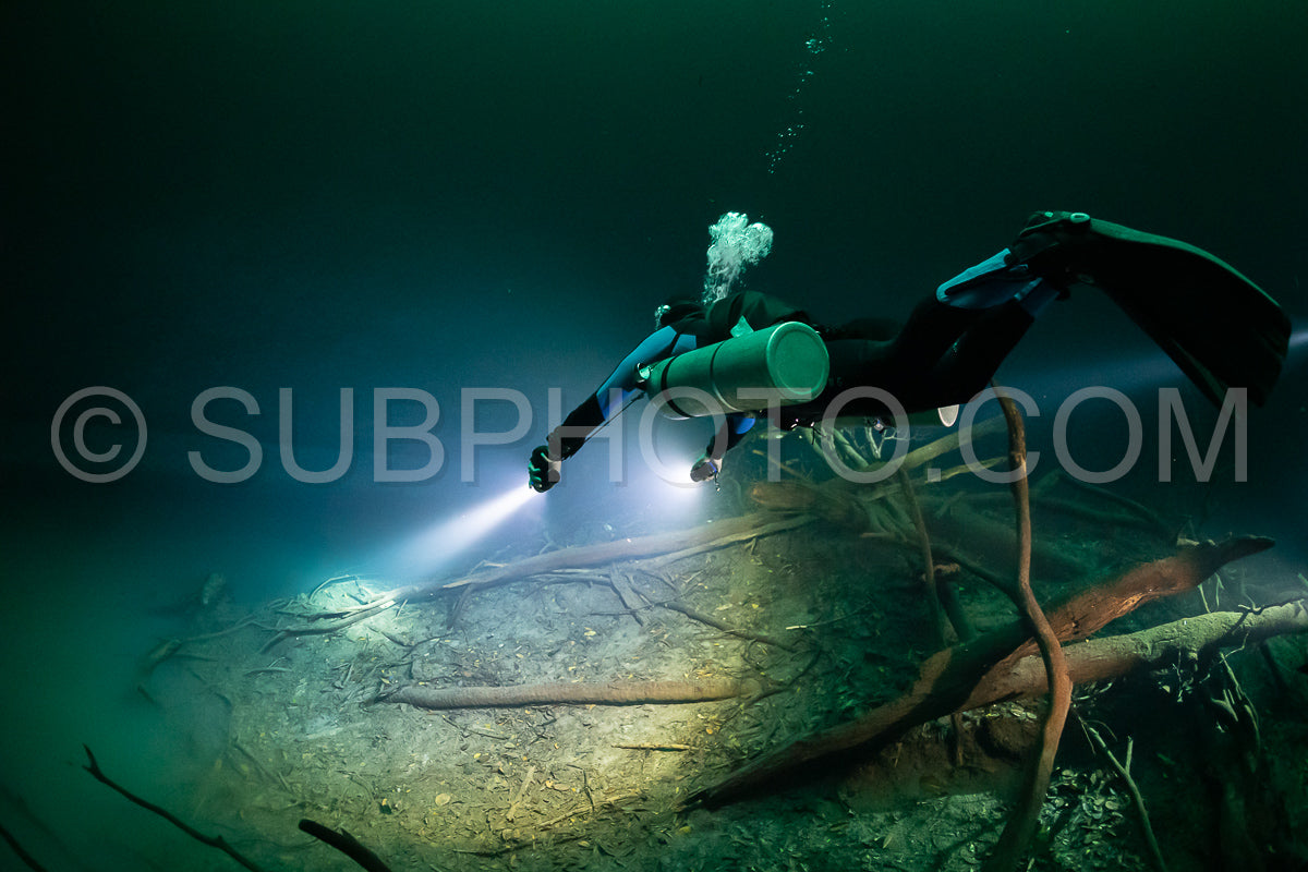 Photo de instructeur de plongée spéléo dirigeant un groupe de plongeurs dans un cenote mexicain sous l'eau