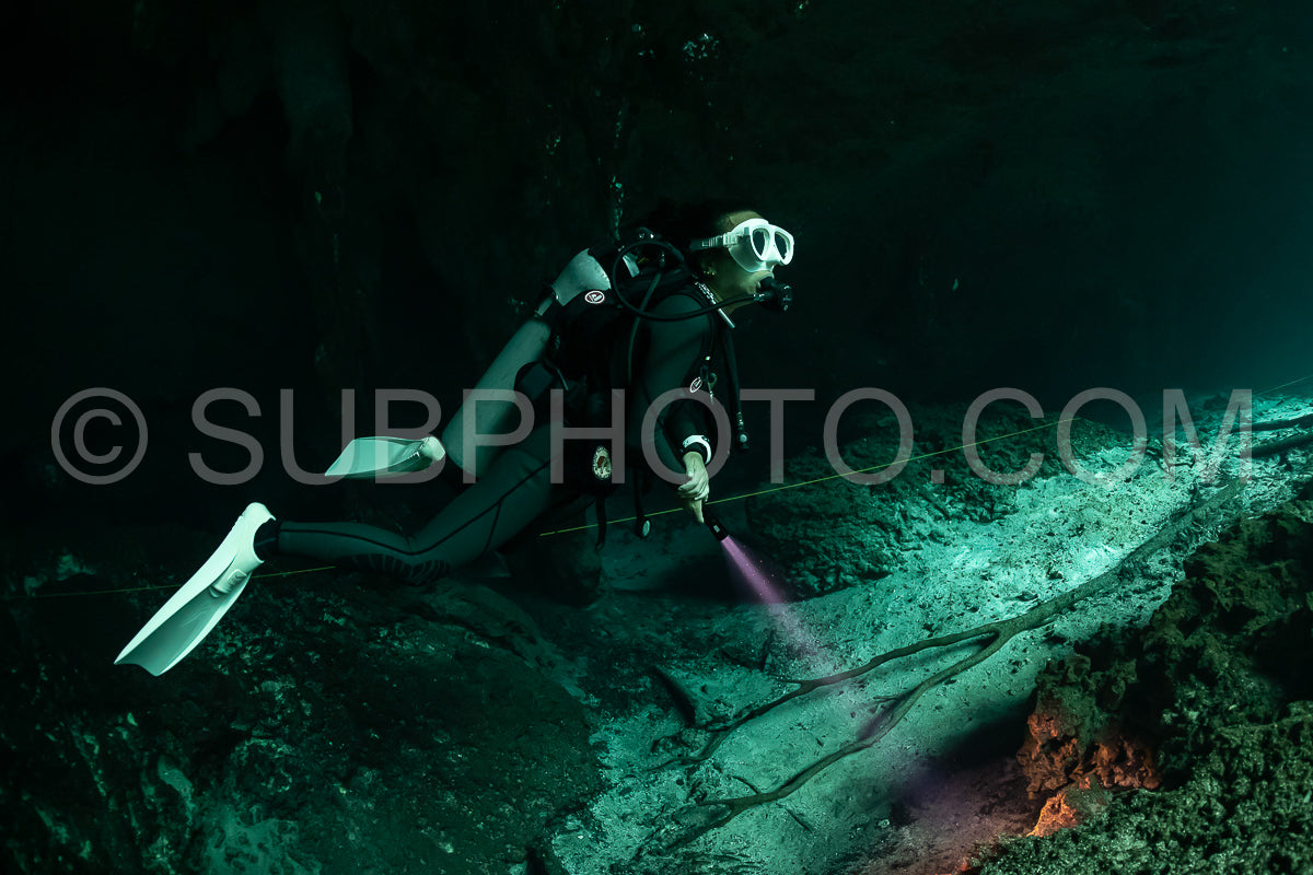 Photo de instructeur de plongée spéléo dirigeant un groupe de plongeurs dans un cenote mexicain sous l'eau