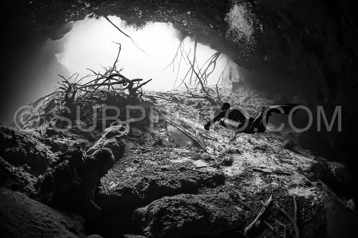 Photo de instructeur de plongée spéléo dirigeant un groupe de plongeurs dans un cenote mexicain sous l'eau