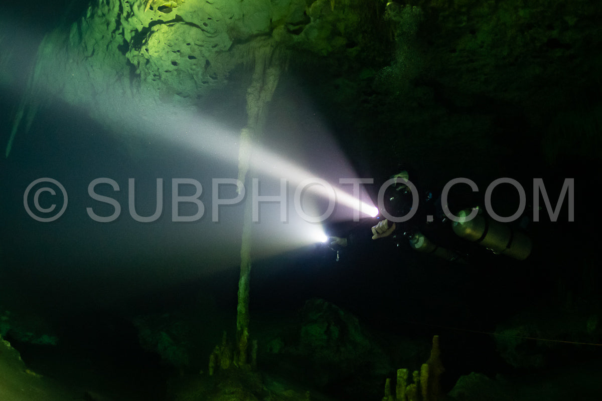 Photo de instructeur de plongée spéléo dirigeant un groupe de plongeurs dans un cenote mexicain sous l'eau