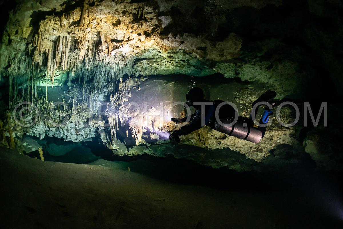 Photo de instructeur de plongée spéléo dirigeant un groupe de plongeurs dans un cenote mexicain sous l'eau