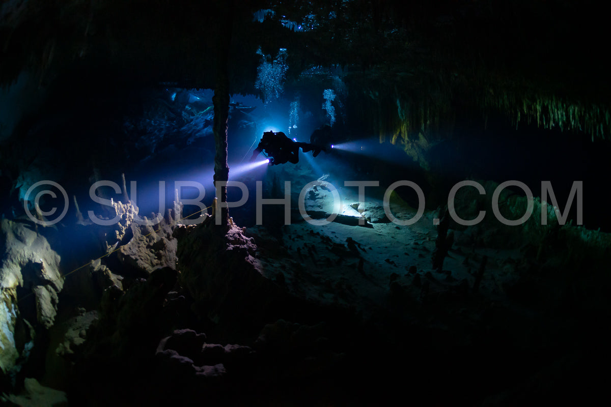 Photo de instructeur de plongée spéléo dirigeant un groupe de plongeurs dans un cenote mexicain sous l'eau