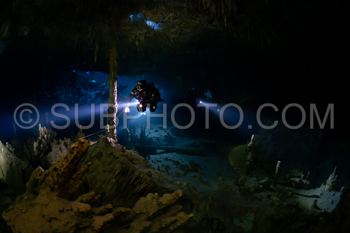 Photo de instructeur de plongée spéléo dirigeant un groupe de plongeurs dans un cenote mexicain sous l'eau