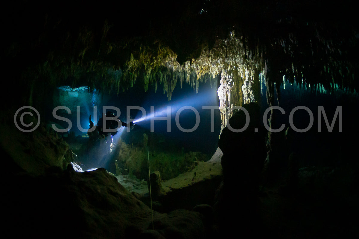 Photo de instructeur de plongée spéléo dirigeant un groupe de plongeurs dans un cenote mexicain sous l'eau