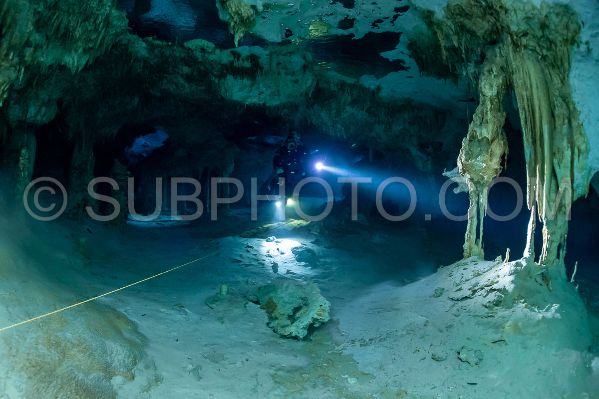 cave diver instructor leading a group of divers in a mexican cenote underwater
