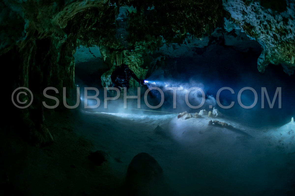 Photo de instructeur de plongée spéléo dirigeant un groupe de plongeurs dans un cenote mexicain sous l'eau