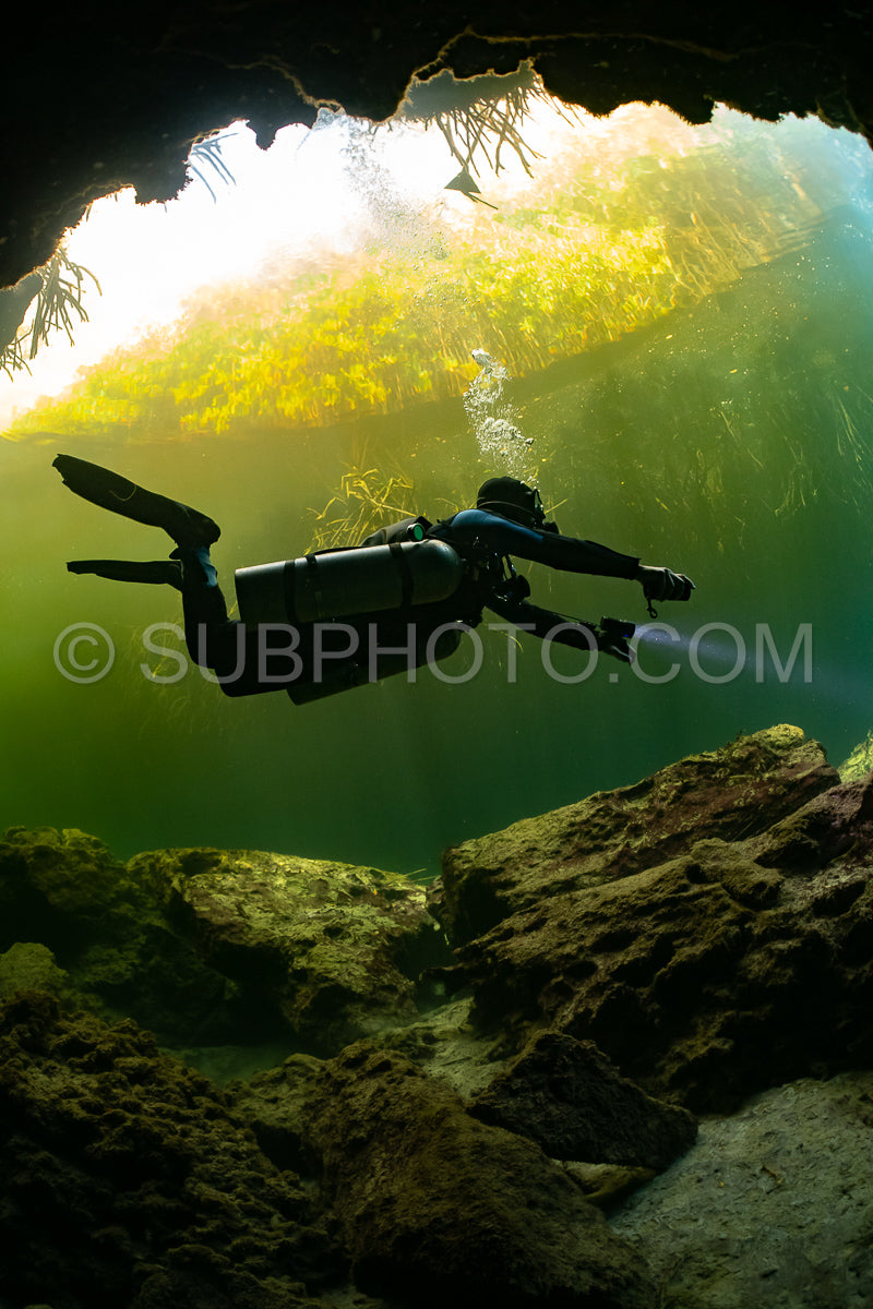 Photo de instructeur de plongée spéléo dirigeant un groupe de plongeurs dans un cenote mexicain sous l'eau