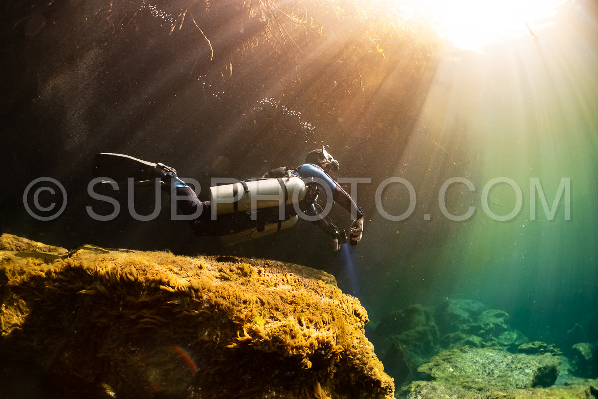 cave diver instructor leading a group of divers in a mexican cenote underwater