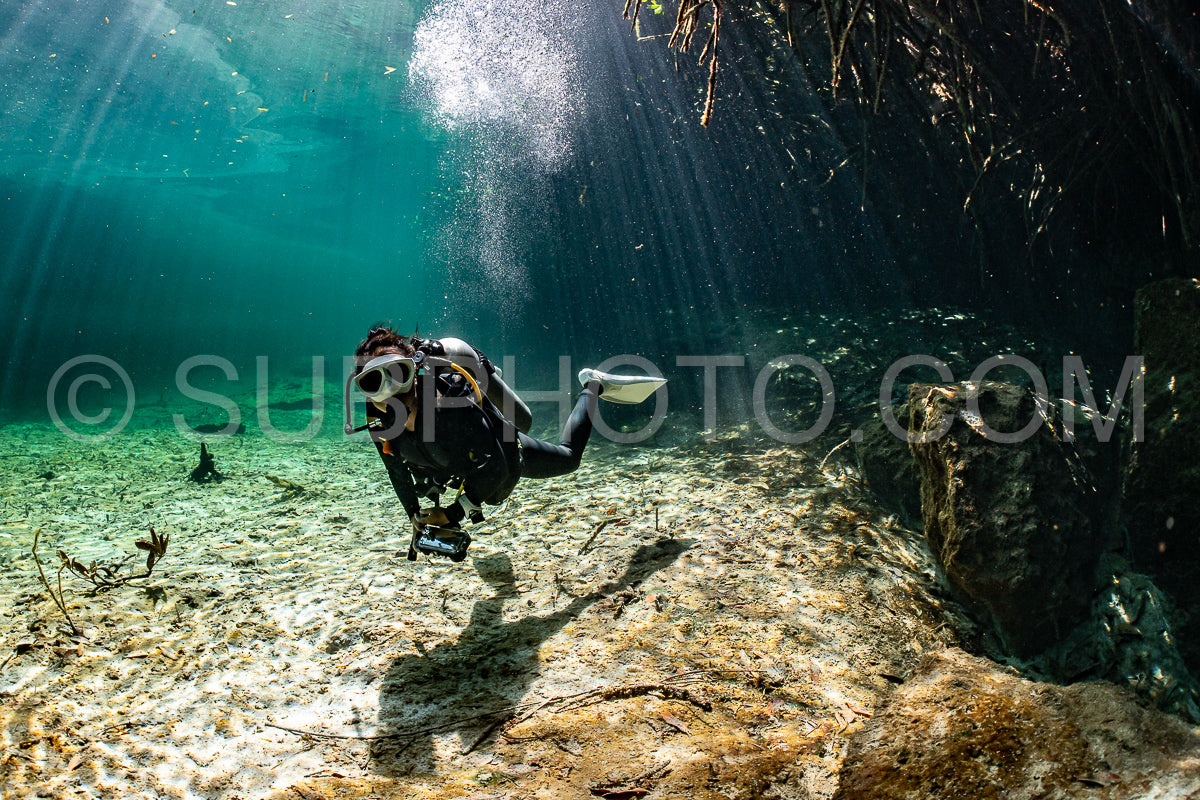 cave diver instructor leading a group of divers in a mexican cenote underwater