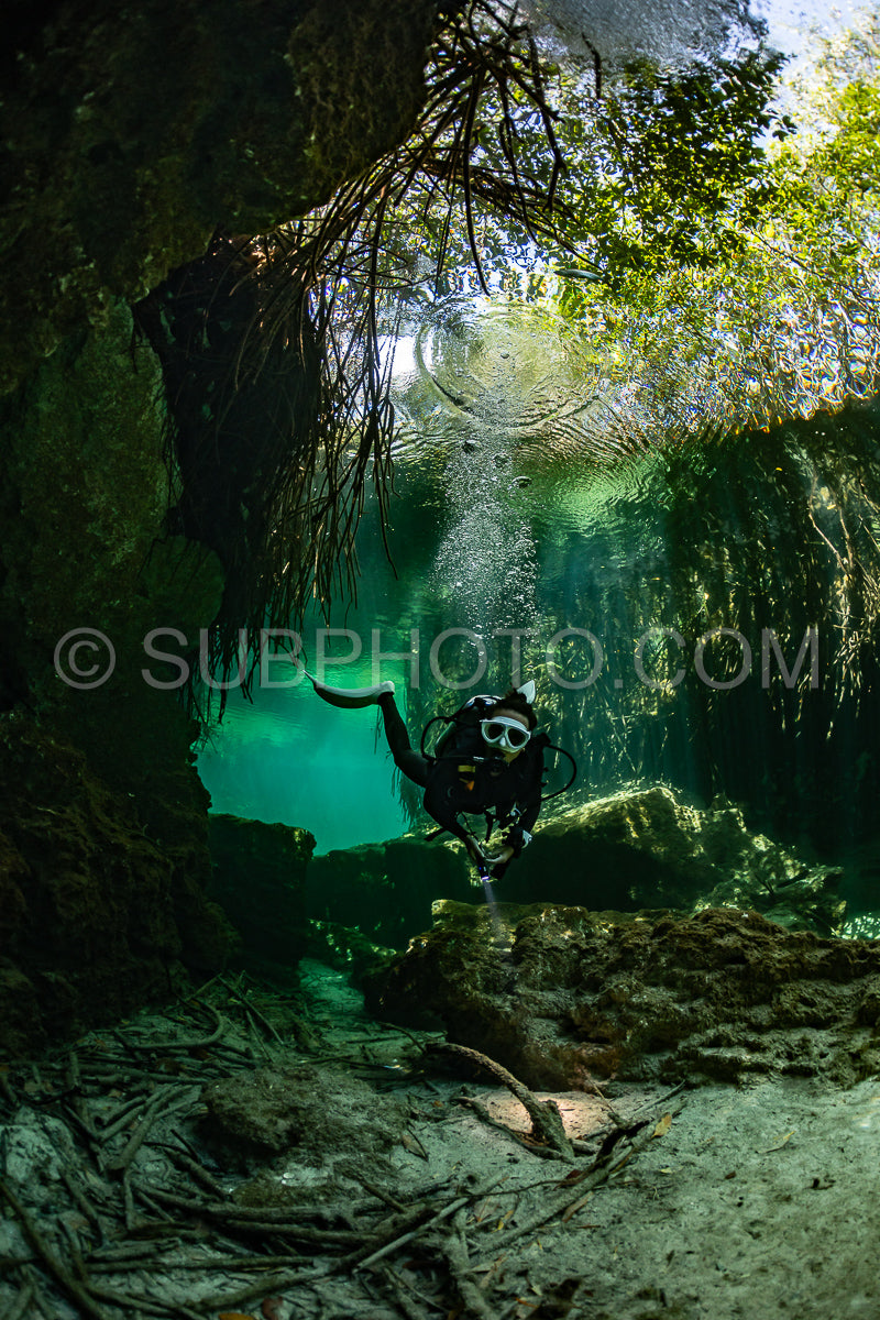 cave diver instructor leading a group of divers in a mexican cenote underwater