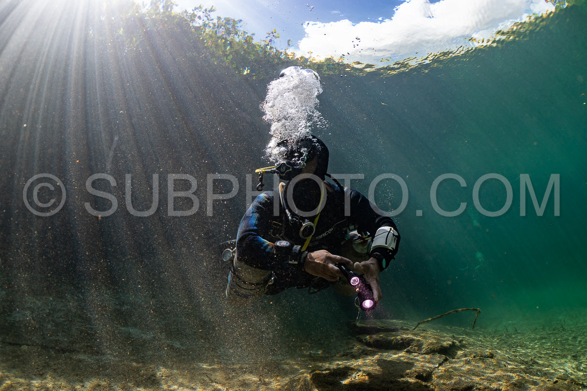 cave diver instructor leading a group of divers in a mexican cenote underwater