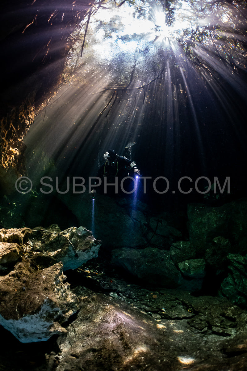 cave diver instructor leading a group of divers in a mexican cenote underwater