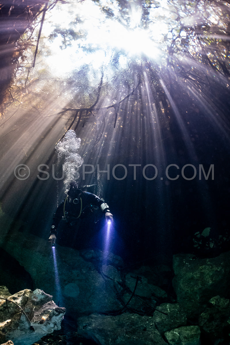 cave diver instructor leading a group of divers in a mexican cenote underwater