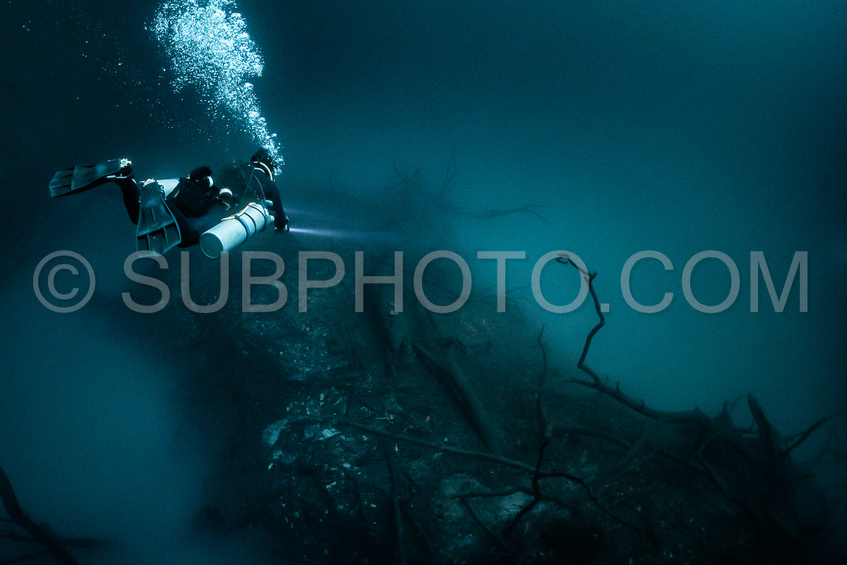 cave diver instructor leading a group of divers in a mexican cenote underwater