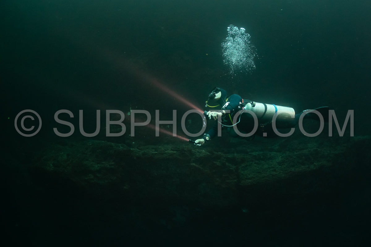 Photo de instructeur de plongée spéléo dirigeant un groupe de plongeurs dans un cenote mexicain sous l'eau