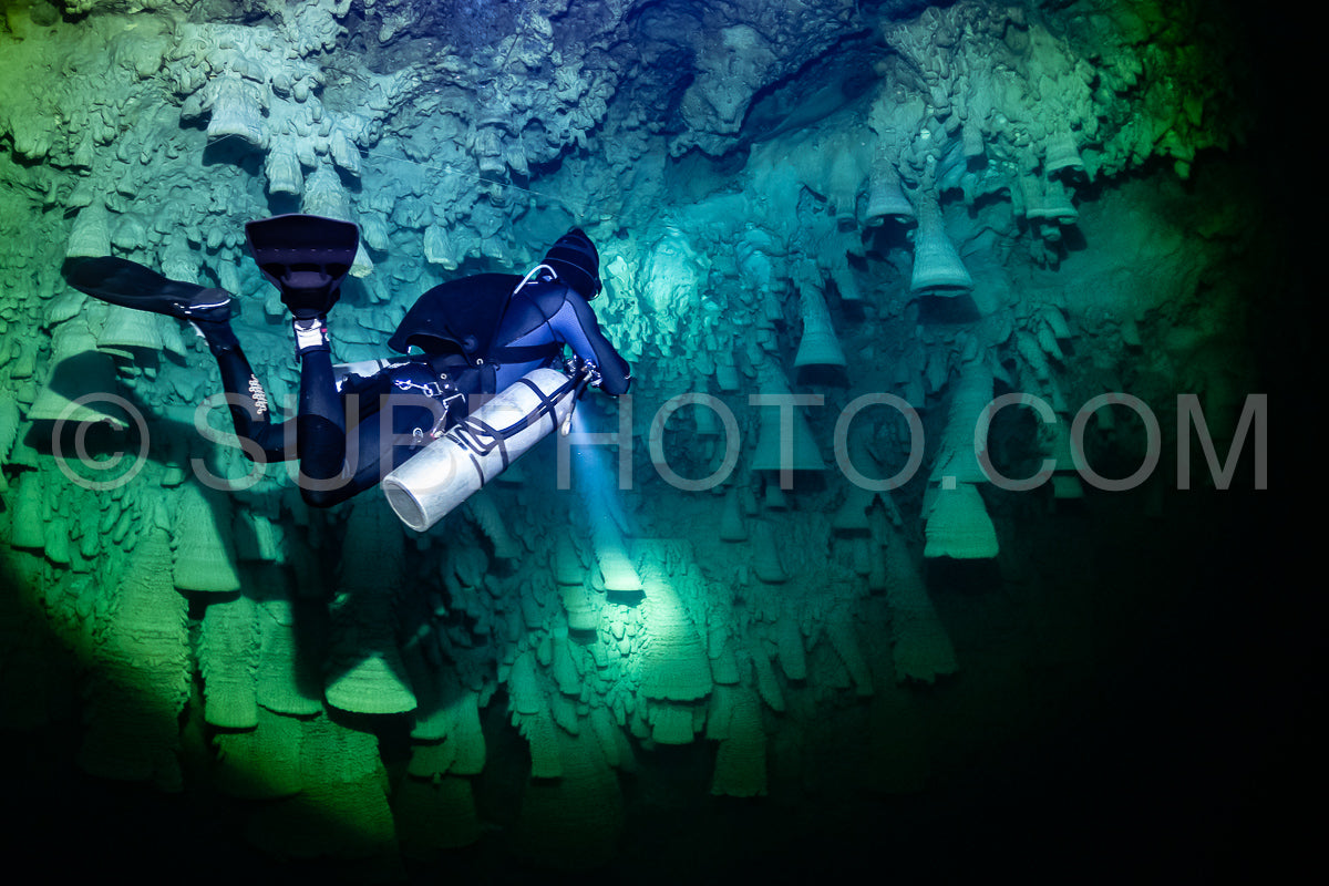 Photo de instructeur de plongée spéléo dirigeant un groupe de plongeurs dans un cenote mexicain sous l'eau