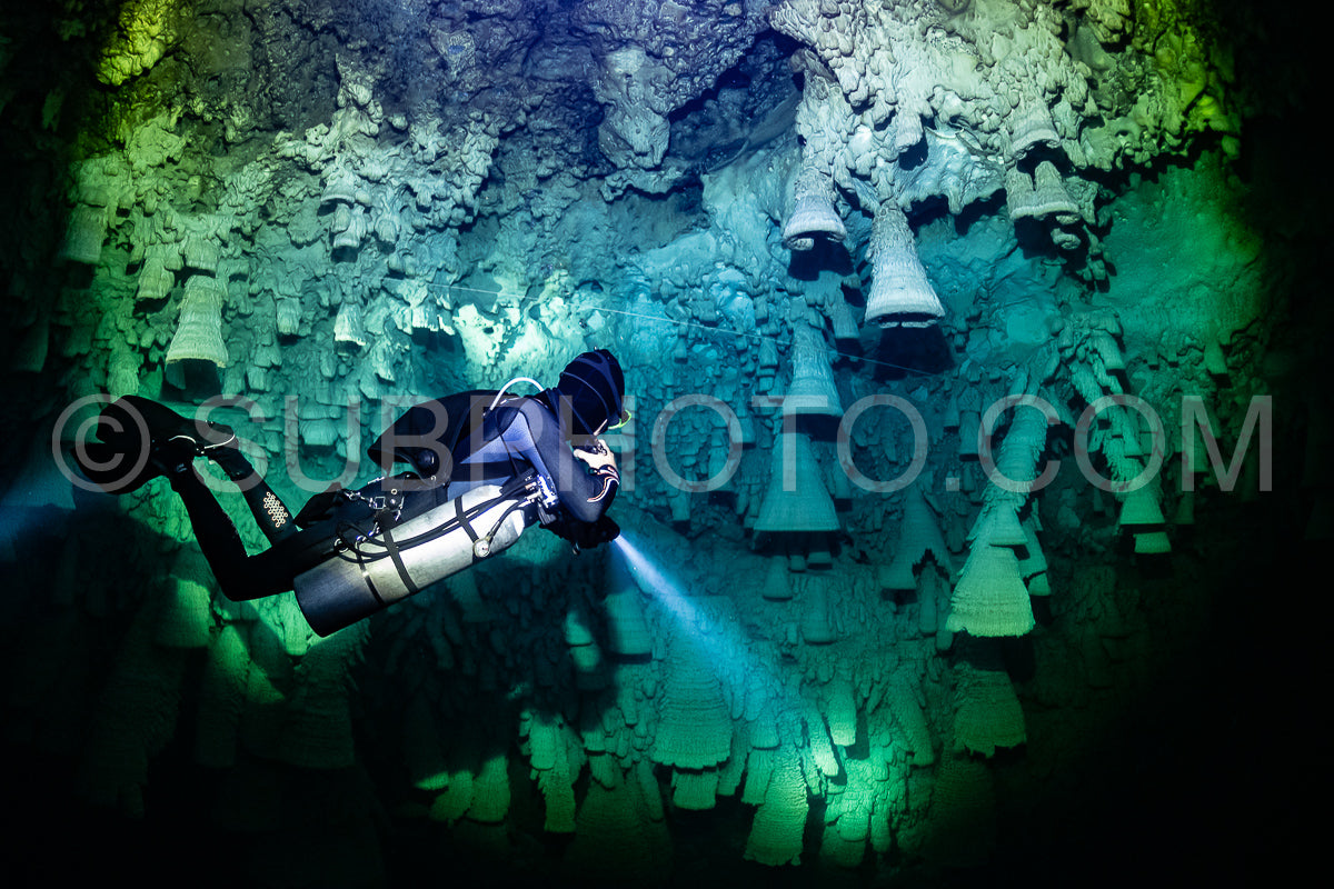 Photo de instructeur de plongée spéléo dirigeant un groupe de plongeurs dans un cenote mexicain sous l'eau