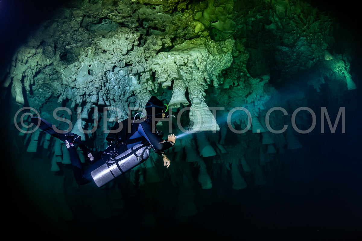 Photo de instructeur de plongée spéléo dirigeant un groupe de plongeurs dans un cenote mexicain sous l'eau
