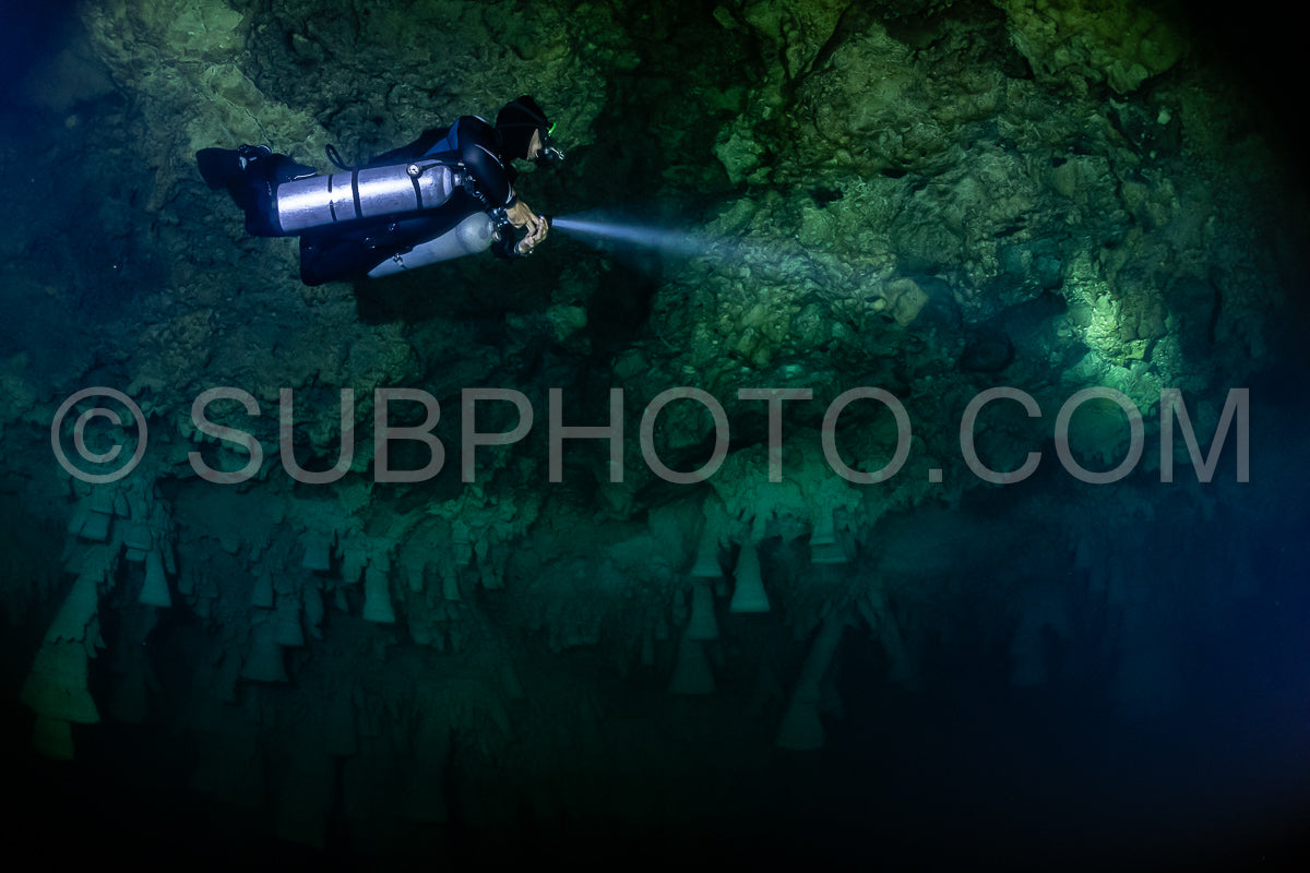 Photo de instructeur de plongée spéléo dirigeant un groupe de plongeurs dans un cenote mexicain sous l'eau