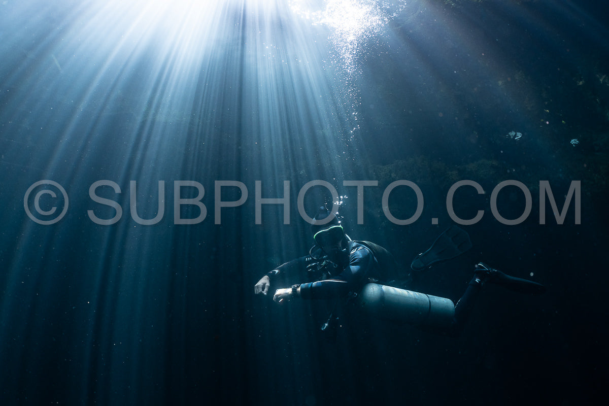 Photo de instructeur de plongée spéléo dirigeant un groupe de plongeurs dans un cenote mexicain sous l'eau