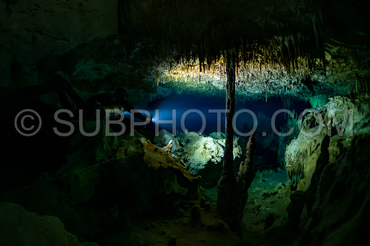 Photo de instructeur de plongée spéléo dirigeant un groupe de plongeurs dans un cenote mexicain sous l'eau